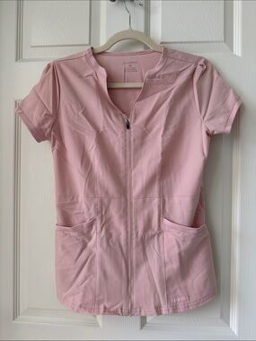 Jaanuu Light Pink Zip-Front Short Sleeve Scrub Top